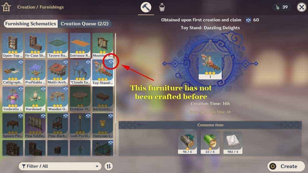 Image showing the blue icon, indicating that the furniture has not been crafted before.