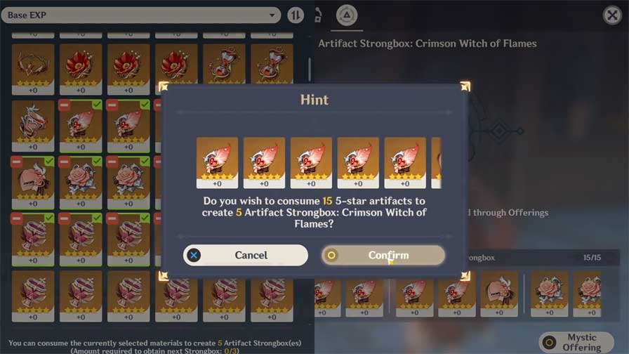 Using the artifact strongbox to convert artifacts to crimson witch of flames.